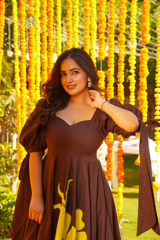 WaterFall brown statement appliqué work maxi dress