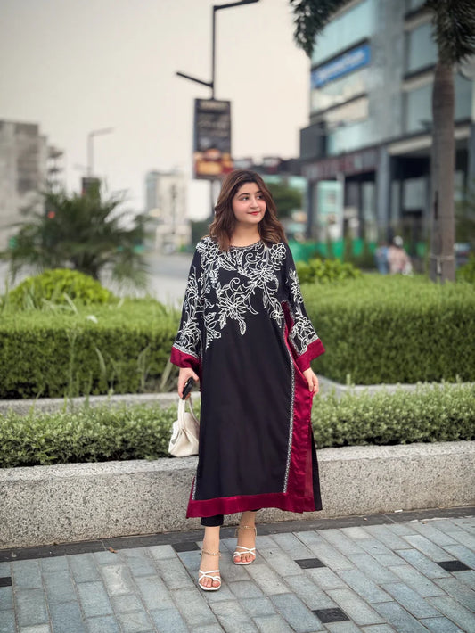 Sunidhi Elegant Black Embroidered Kurti with Maroon Accents