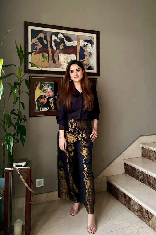 Zoya black satin shirt with black brocade pant