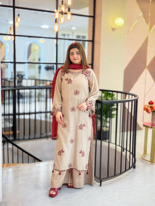 Hania Luxury Beige Embroidered Kurta Set with Rich Maroon Dupatta