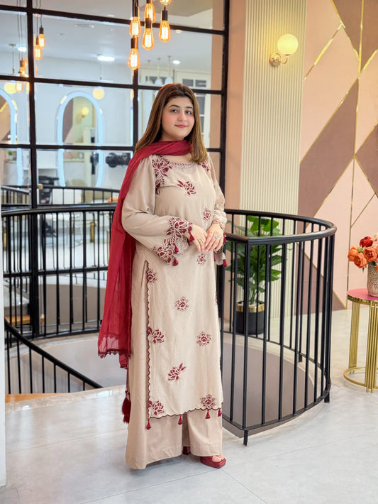 Hania Luxury Beige Embroidered Kurta Set with Rich Maroon Dupatta
