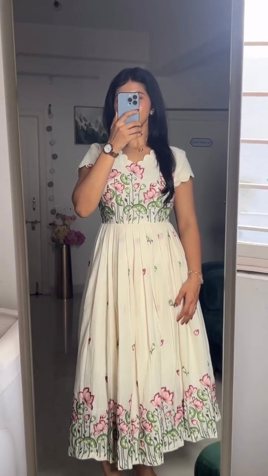 Apsara Floral Embroidered Ivory Midi Dress for Women