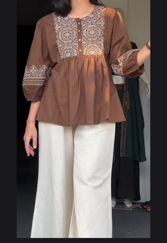 Leena Embroidered Tunic with Ivory Wide-Leg Pants