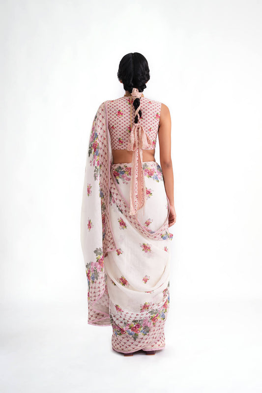Mira Elegant Ivory Floral Printed Saree with Blush Pink Border