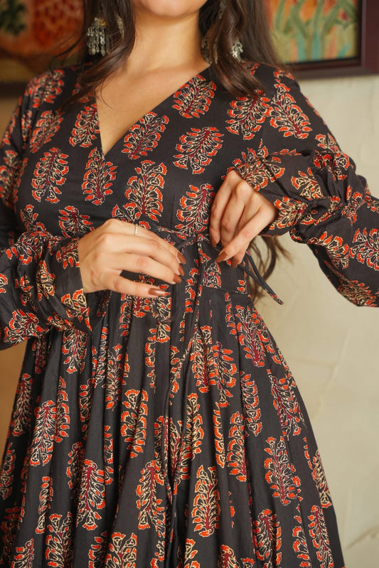 Lehri black batik printed Angrakha Kurta Set.