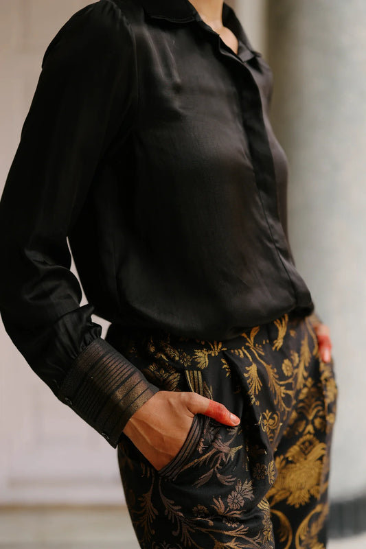 Zoya black satin shirt with black brocade pant