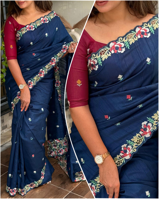 Angelwardrobes Embrace your femininity & make a statement with our stunning cut work visca slub silk saree. Narayani