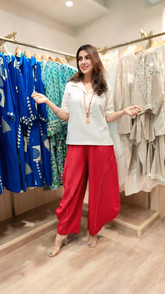 Devisha White Red Drape Pants Coord Set