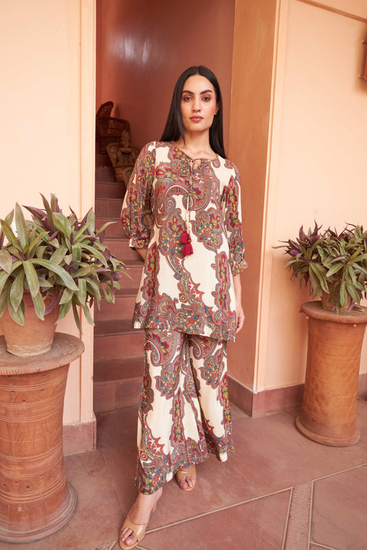 Raveena Tandoon spoted Beautiful Printed Cream Cord Set For Women