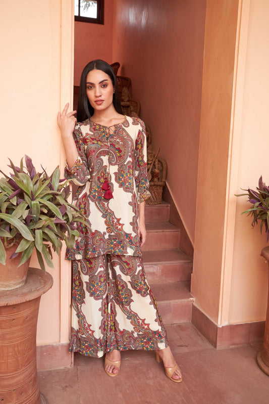 Raveena Tandoon spoted Beautiful Printed Cream Cord Set For Women