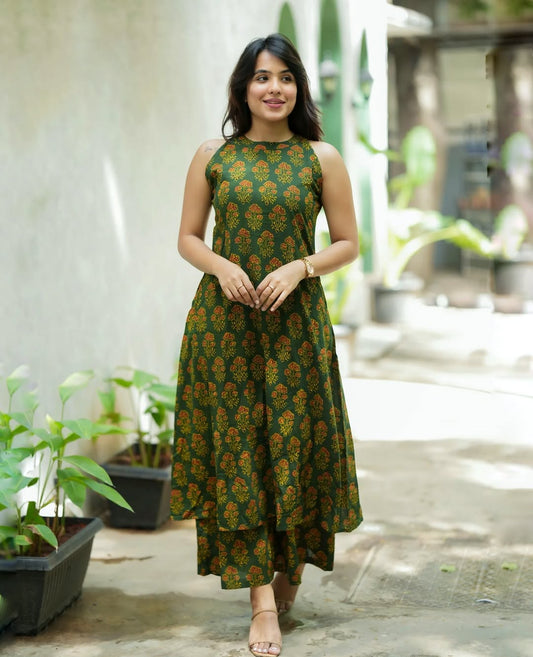 Shreya cotton printed green halter neck A-line kurta pant