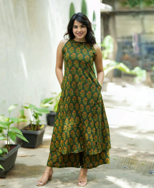 Shreya cotton printed green halter neck A-line kurta pant