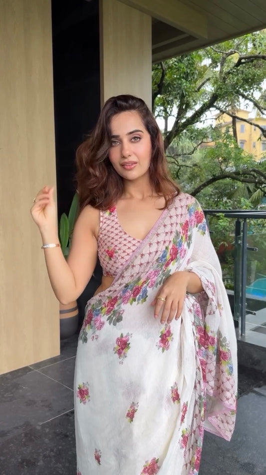 Mira Elegant Ivory Floral Printed Saree with Blush Pink Border