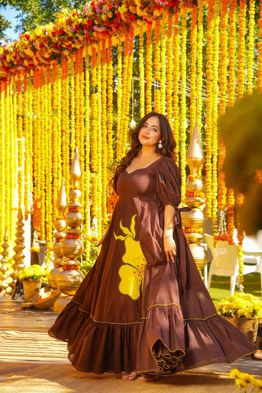 WaterFall brown statement appliqué work maxi dress