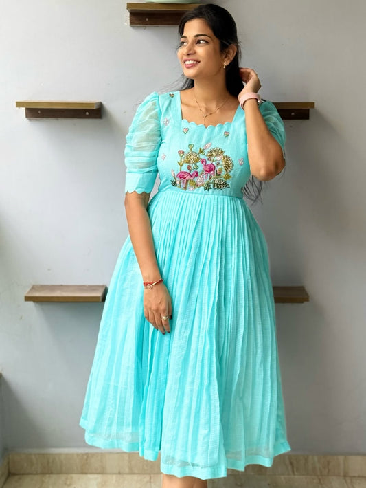 Varsha sea blue kota chex hand-work frock for women.