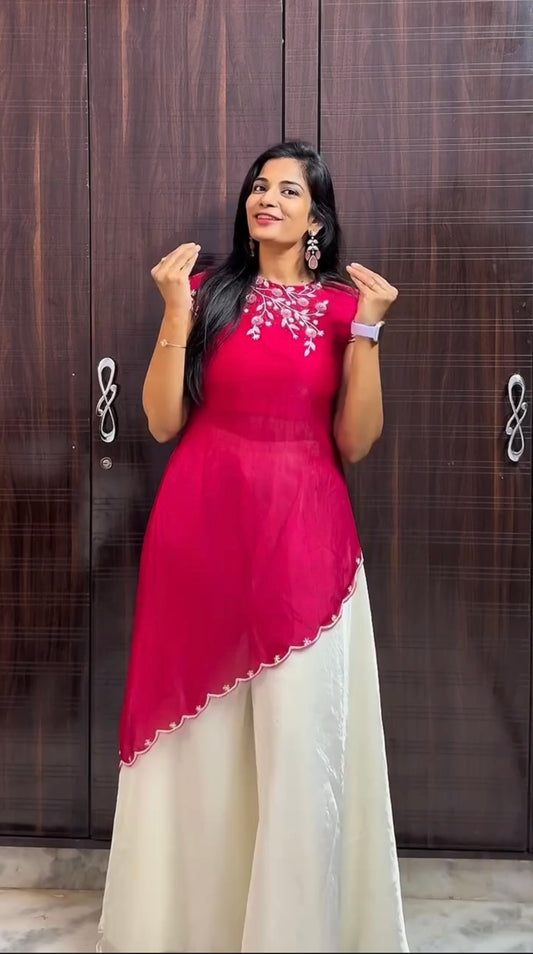 Purvi pink and off white Asymmetrical Kurta plazzo set