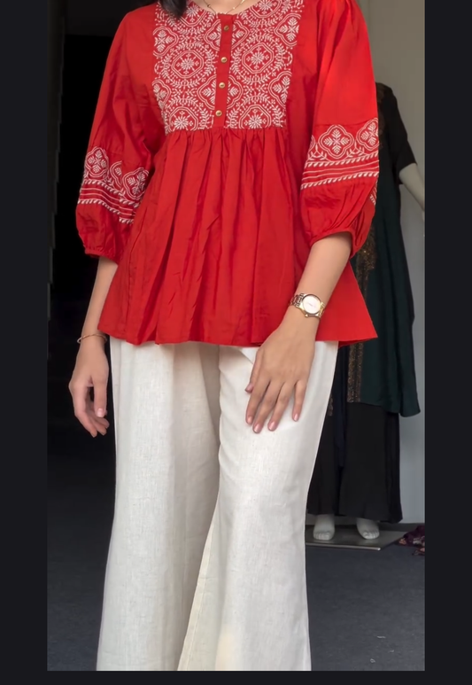 Leena Embroidered Tunic with Ivory Wide-Leg Pants