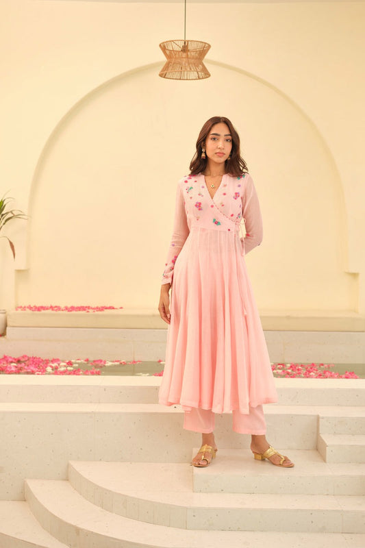 Janiya Pink Hand Embrodairy Angarkha kurta set for women