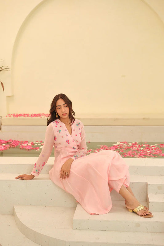 Janiya Pink Hand Embrodairy Angarkha kurta set for women