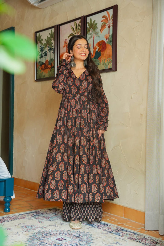 Lehri black batik printed Angrakha Kurta Set.