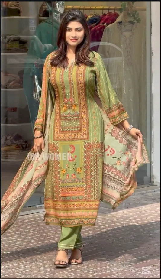 Nayab Green muslin handwork three pic suit set for women.