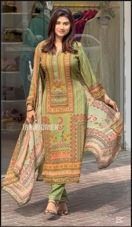 Nayab Green muslin handwork three pic suit set for women.