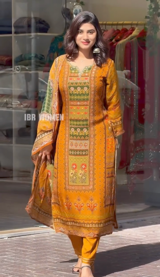 Niwaj yellow muslin handwork three pic suit set for women.