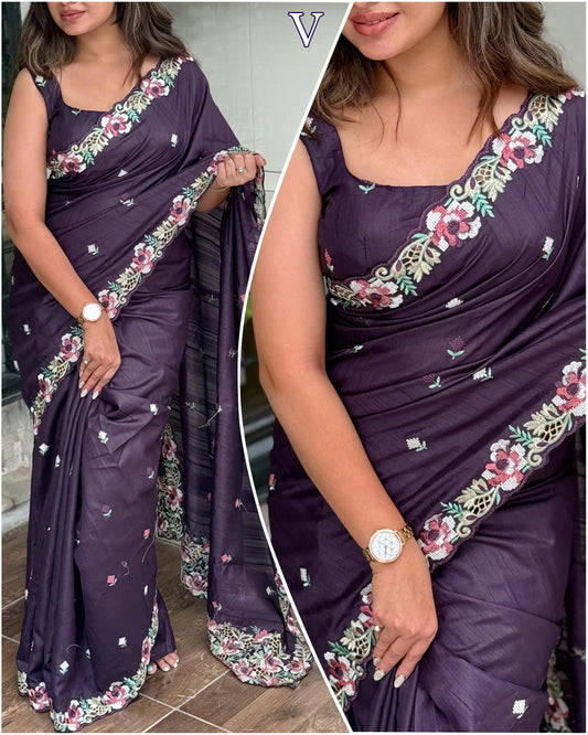 Angelwardrobes Embrace your femininity & make a statement  with our stunning cut work visca slub silk saree. Narayani