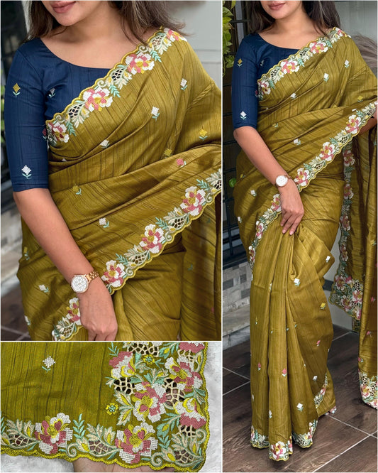 Angelwardrobes Embrace your femininity & make a statement  with our stunning cut work visca slub silk saree. Narayani