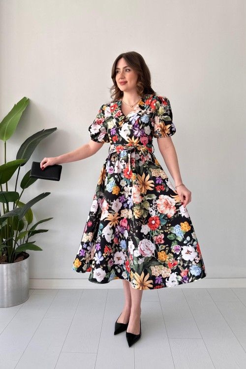 Renny Black floral printed crepe maxi dress for women