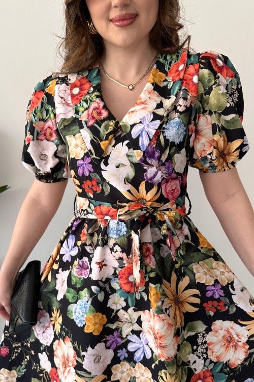 Renny Black floral printed crepe maxi dress for women