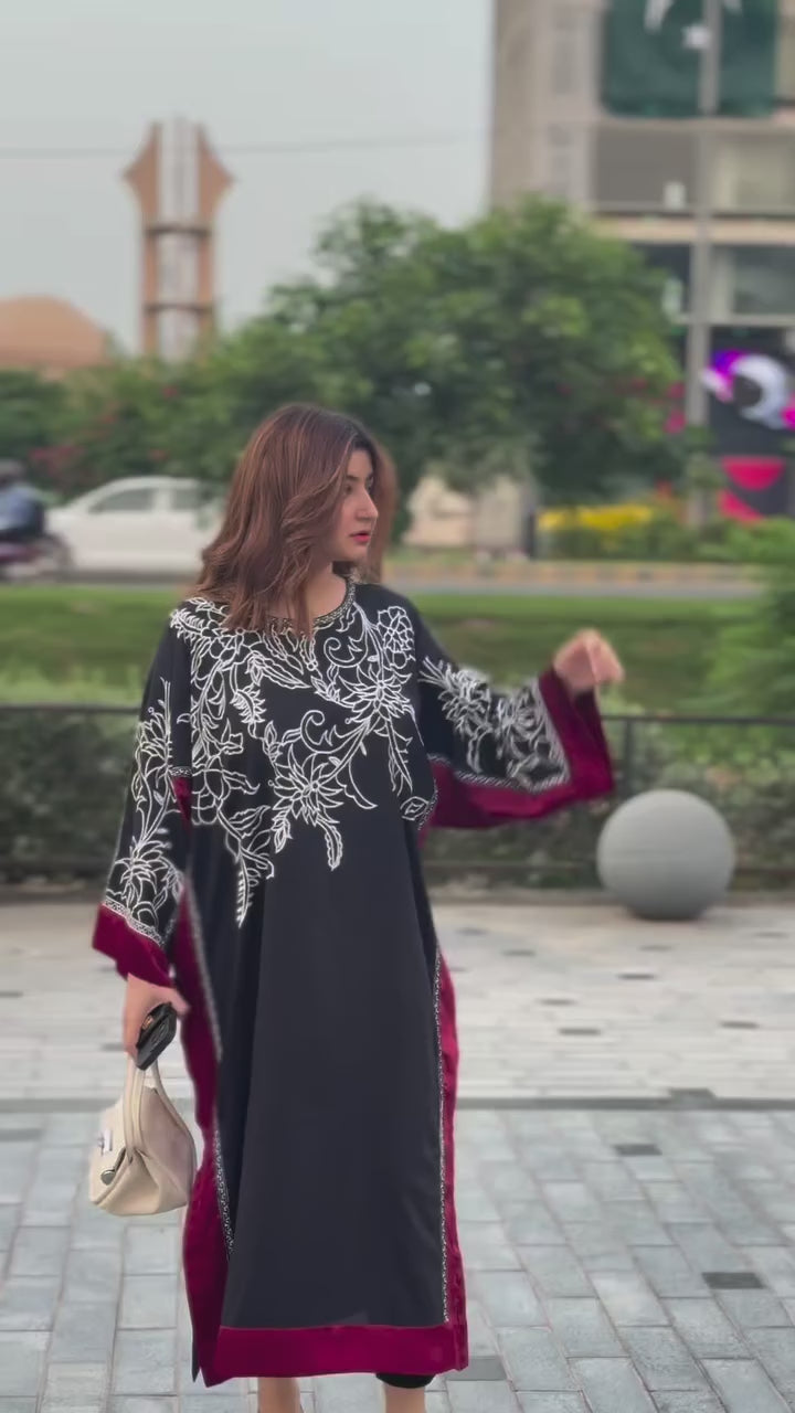 Sunidhi Elegant Black Embroidered Kurti with Maroon Accents