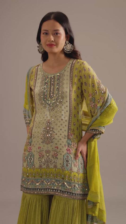 Sajna Elegant Lime Yellow Printed Kurta and sharara  set with Dupatta