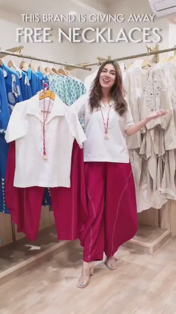 White Red Drape Pants Coord Set