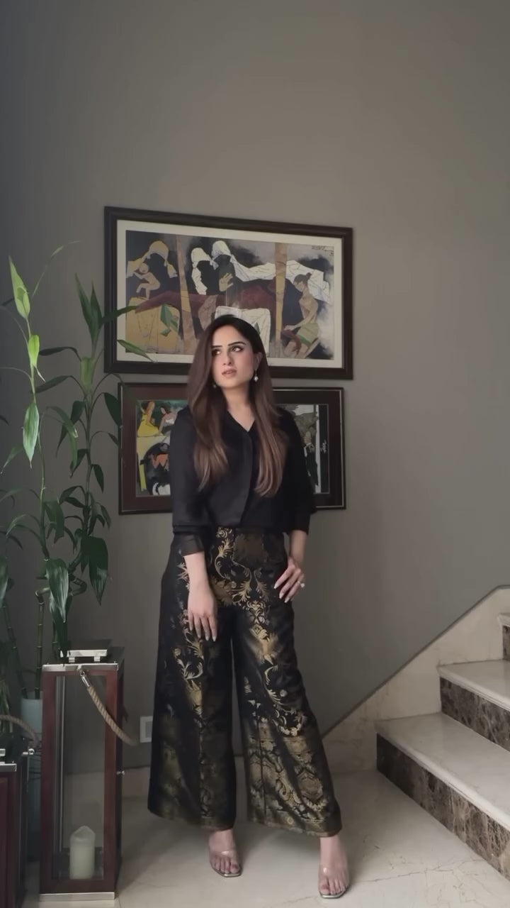 Zoya black satin shirt with black brocade pant