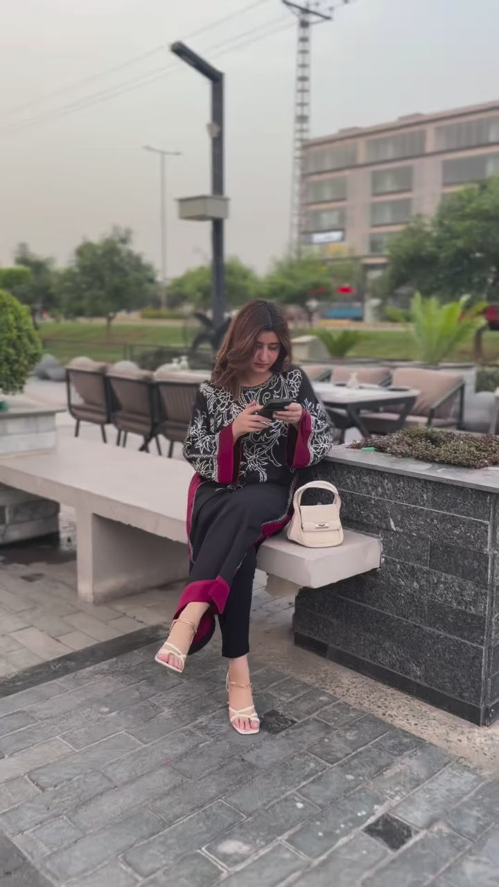 Sunidhi Elegant Black Embroidered Kurti with Maroon Accents