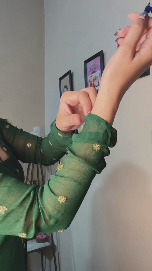 Soniya Bottal Green Embroidery work Sharara Suit Set.