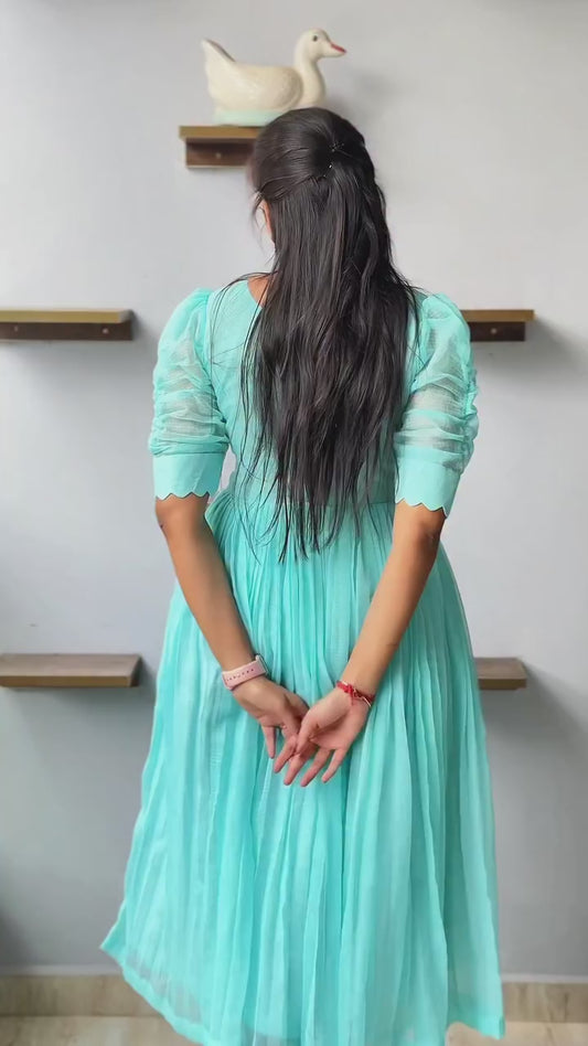 Varsha sea blue kota chex hand-work frock for women.