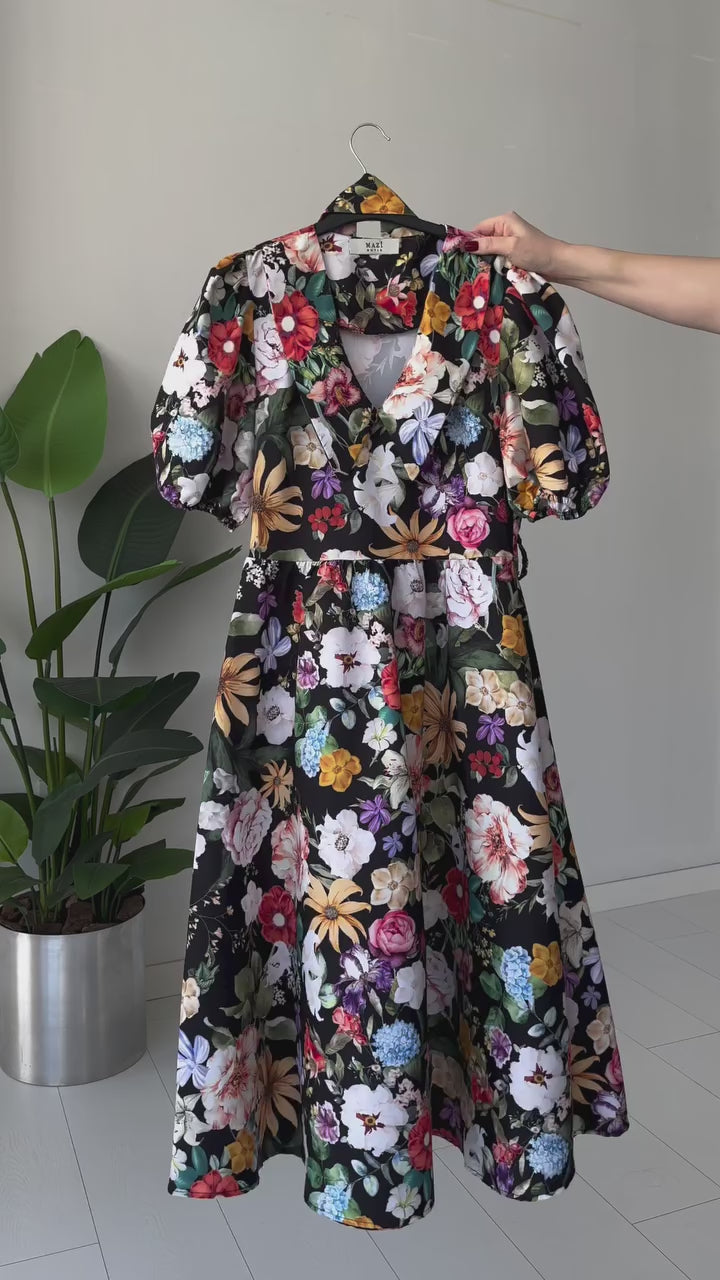 Renny Black floral printed crepe maxi dress for women