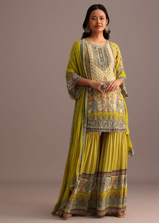 Sajna Elegant Lime Yellow Printed Kurta and sharara  set with Dupatta