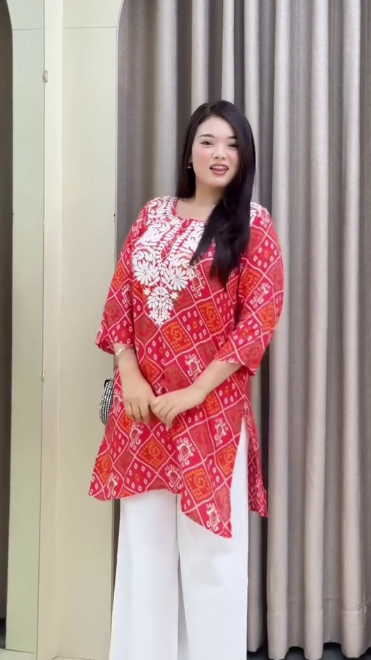 Zenny muslin bandhej printed chikankari short kurti