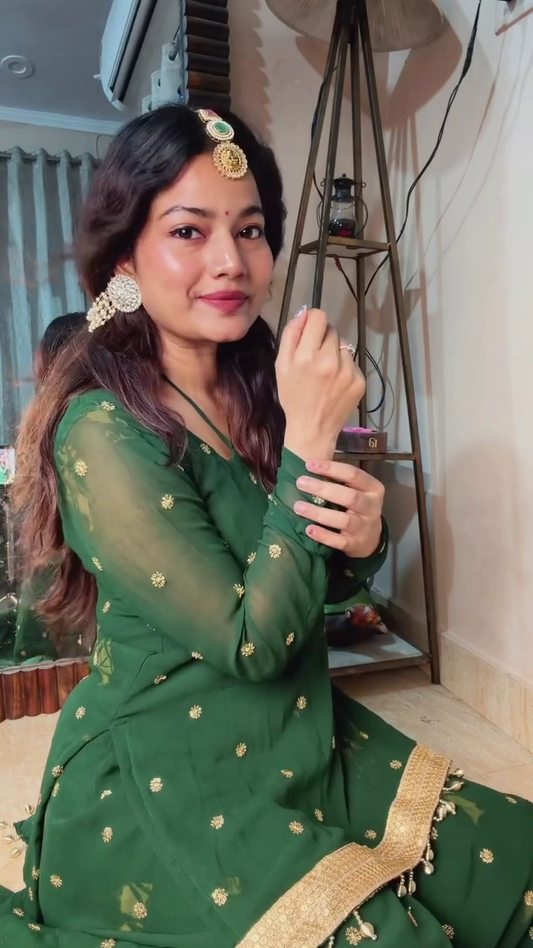 Soniya Bottal Green Embroidery work Sharara Suit Set.